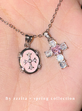 ZZZITA 甜心脉冲•美式复古辣妹银色闪钻十字架项链设计感锁骨链