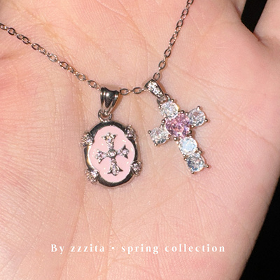 ZZZITA 甜心脉冲•美式复古辣妹银色闪钻十字架项链设计感锁骨链