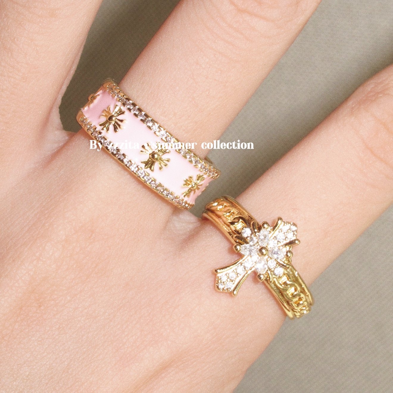 ZZZITA 亚裔甜心·Pinky Cross～美式辣妹粉色闪钻十字架戒指套装