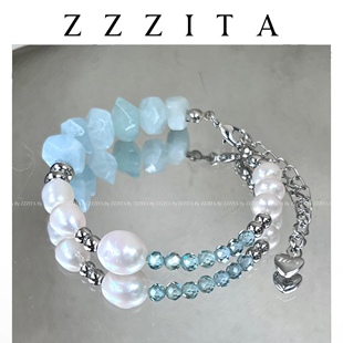 ZZZITA “坎昆之歌”原创蓝天然石淡水珍珠串珠手链简约百搭手串
