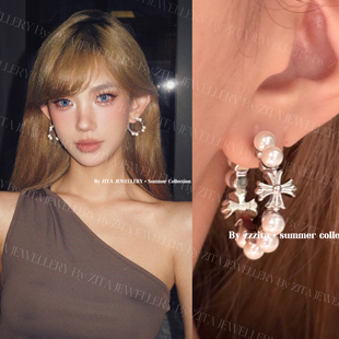ZZZITA Party～韩系辣妹ins贝珠十字架圈圈耳环 甜心派对·Summer