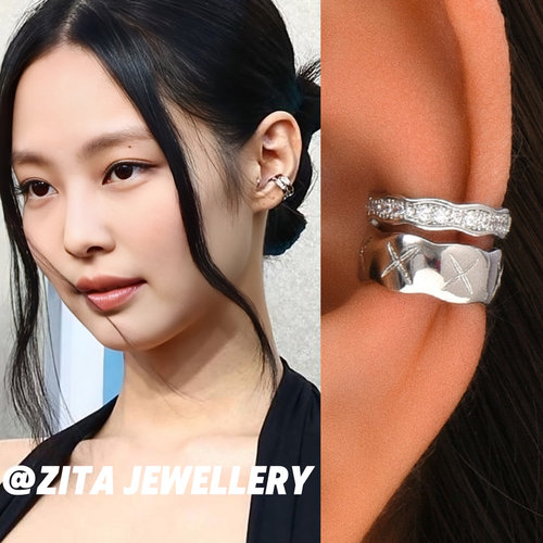 ZZZITA 【Jennie同款～】银色闪钻双层编织麻花耳骨夹无耳洞耳夹