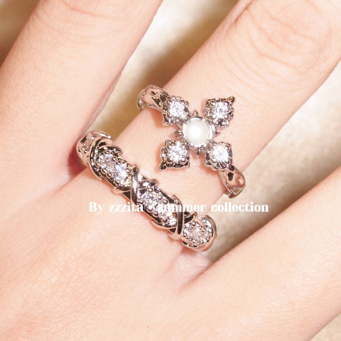 ZZZITA 冷都贵女· Careless Hottie～银色闪钻十字架ins戒指套装