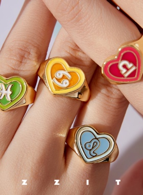 十二星座彩色爱心星座开口戒指