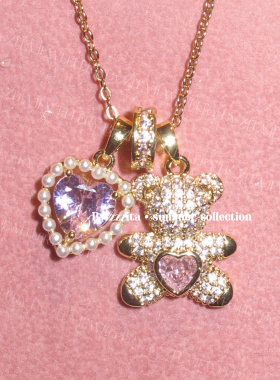 ZZZITA 泰迪熊·Teddy Bear～粉钻爱心贝珠小熊项链设计感锁骨链