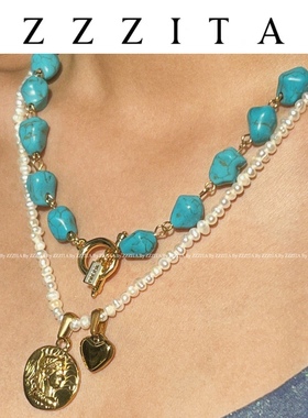 天然淡水珍珠绿松石ins镀金珍珠