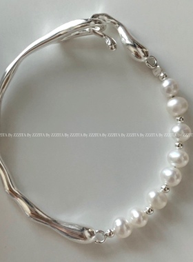 纯银不规则天然淡水珍珠拼接手链