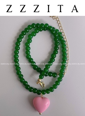 ZZZITA绿色串珠粉丝爱心项链
