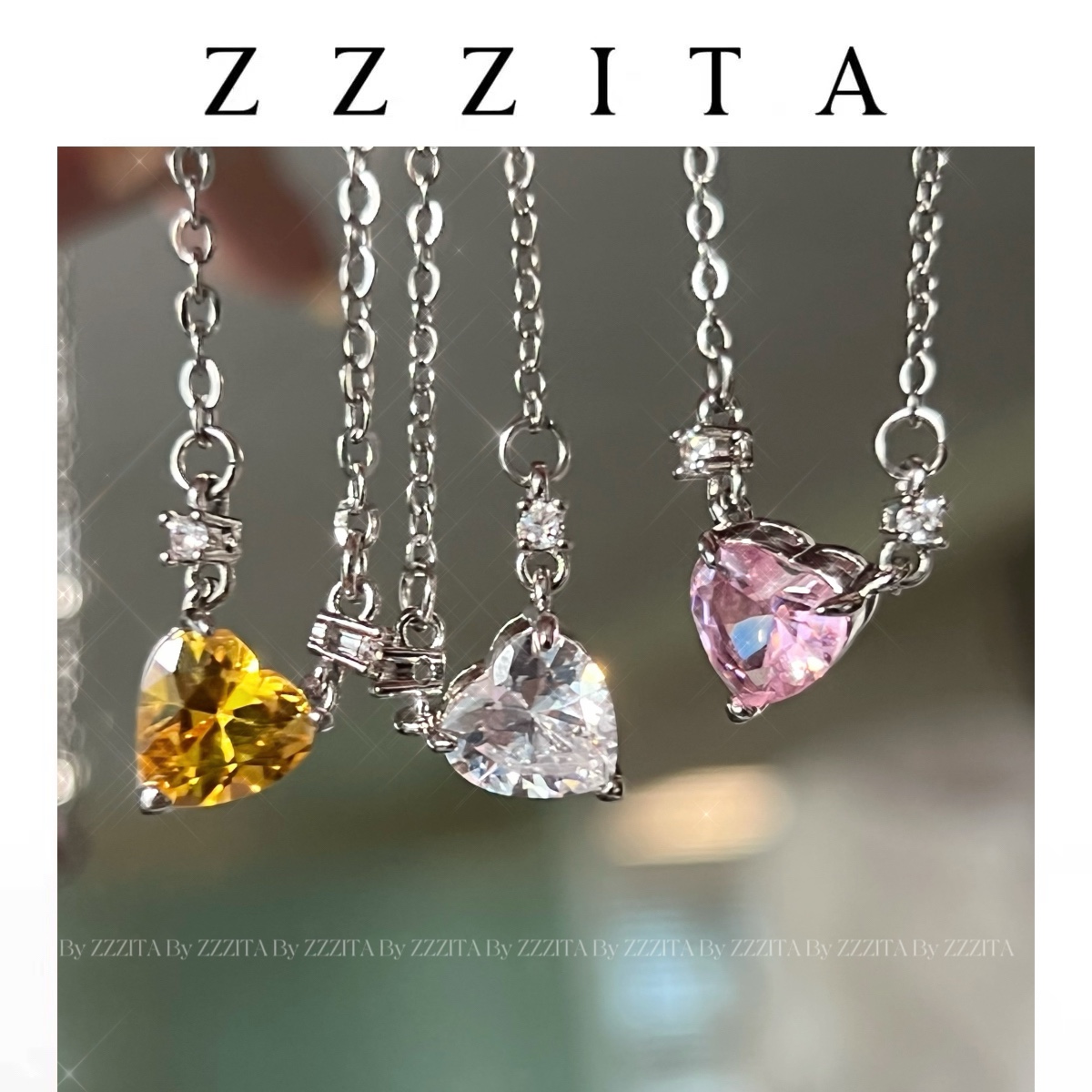 心形彩钻锆石吊坠项链