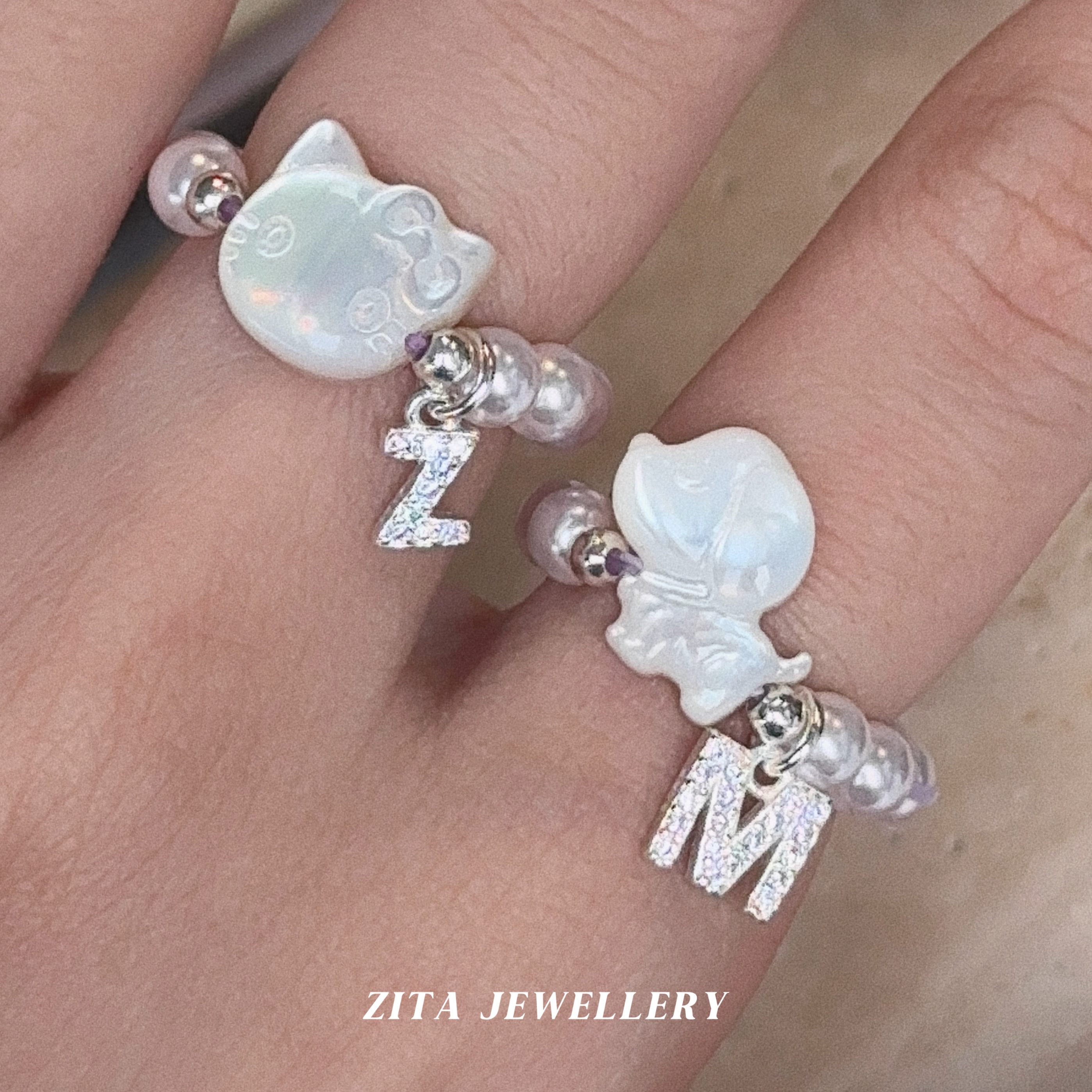 ZZZITA 养宠人bi冲～小猫狗925定制闪钻字母贝珠戒指百搭韩系指环
