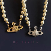 ～闪钻土星珍珠项链锁骨链 ZZZITA 啤酒妹同款 复古高级感欧美叠戴