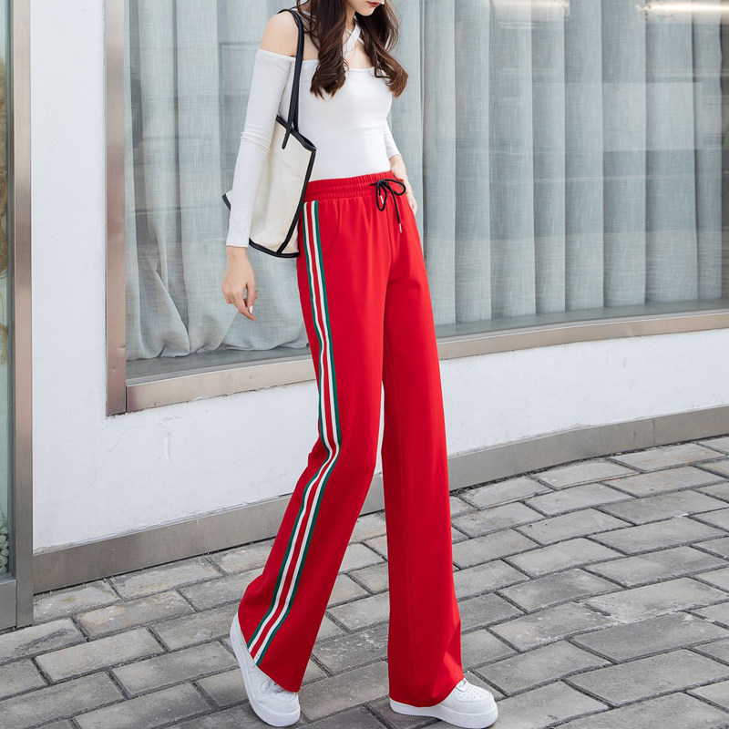运动裤女春秋2024新款休闲卫裤高腰垂感微喇裤子侧条纹红色阔腿裤