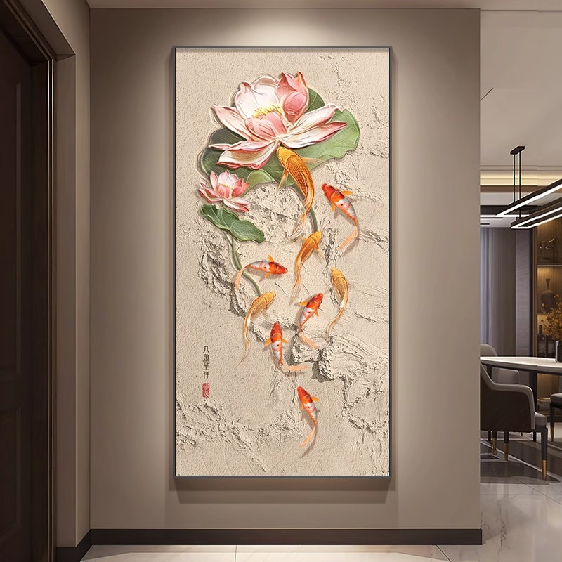 九鱼图玄关手绘油画大芬村油画荷花入户门寓意好荷花纯手绘装饰画图片