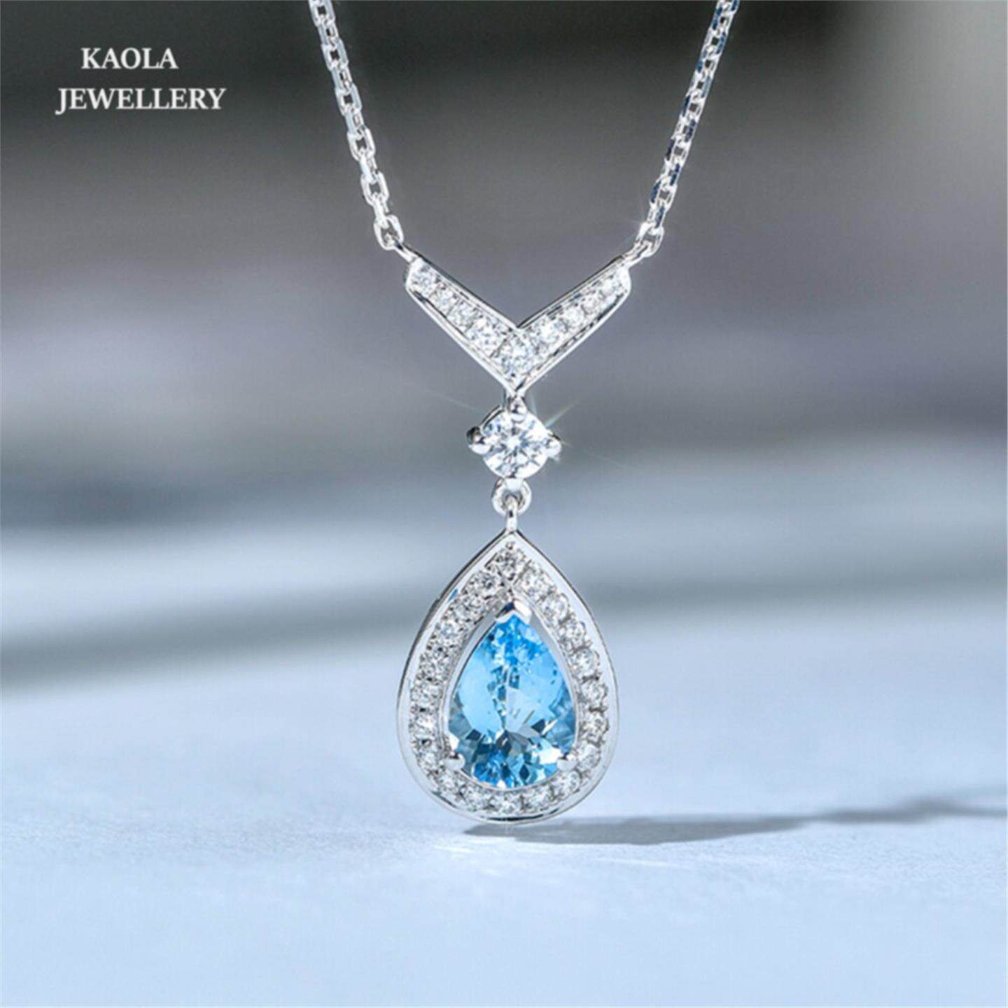 CHAMTU约瑟芬水滴海蓝宝项链女白金纯银蓝宝石锁骨链心形镶钻礼物 - 实物图