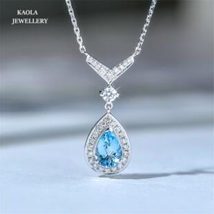 CHAMTU约瑟芬水滴海蓝宝项链女白金纯银蓝宝石锁骨链心形镶钻礼物