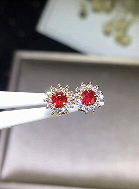 18K金鸽血红宝石耳钉 女黄金太阳花石榴红耳环耳饰纯银钻石小巧潮