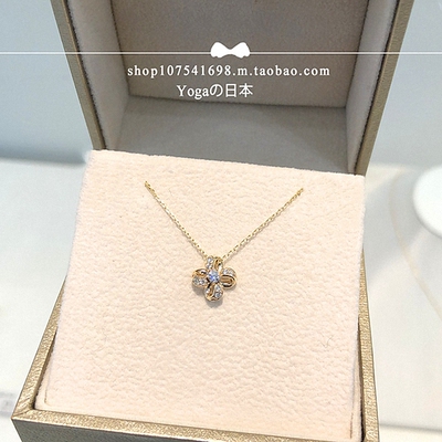 日本pot vechio四叶草项链 女18K黄·金纯银立体花瓣钻石锁骨链潮