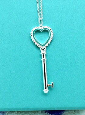 纯银925蓝色珐琅爱心钥匙项链 女镂空心形毛衣链秋冬长款简约礼物