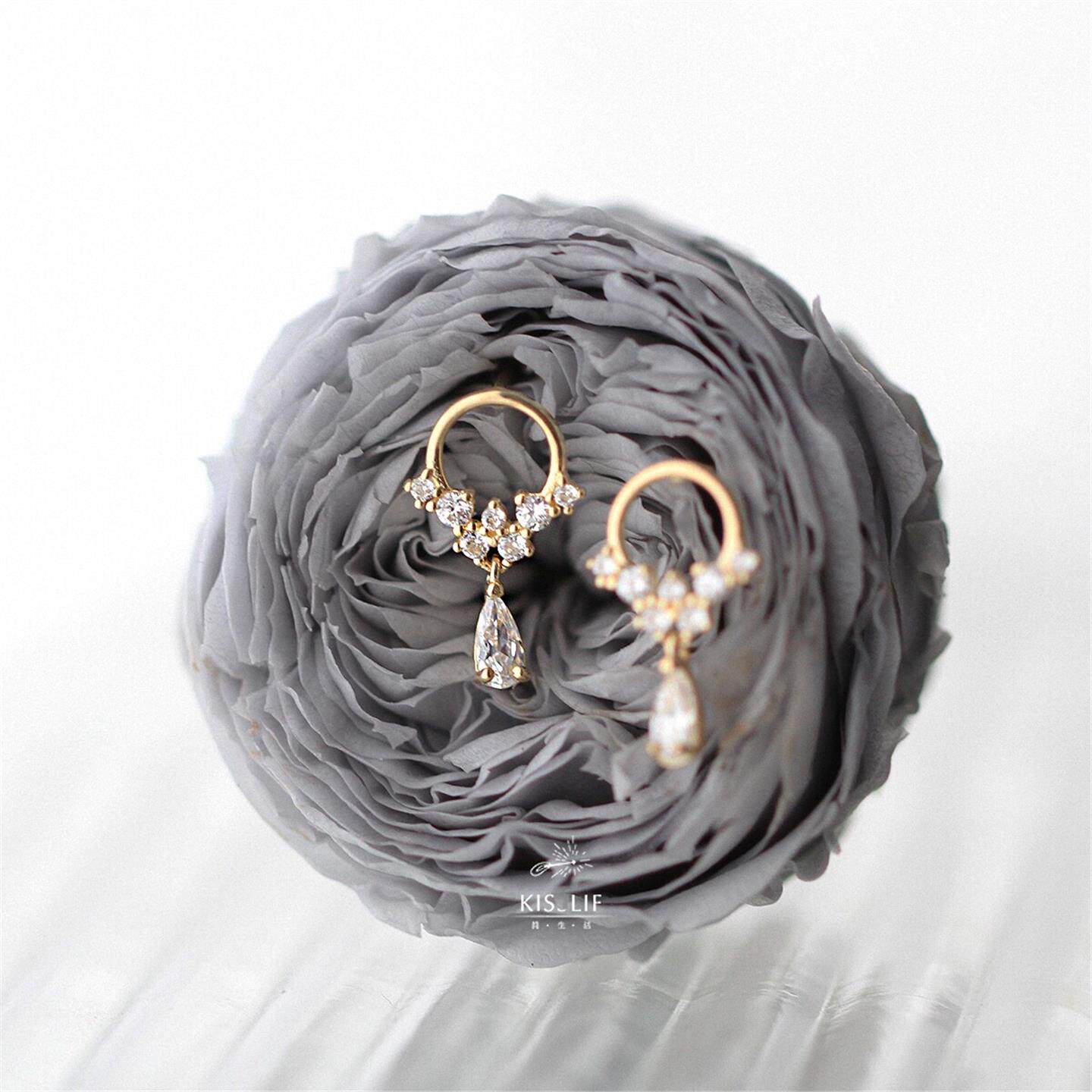 法国水滴灵动耳钉女纯银镀黄金色 花朵耳环镶钻花环耳坠超仙气质