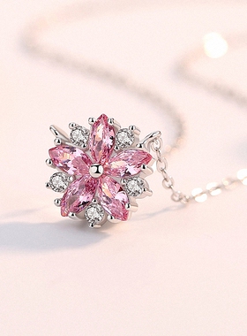 粉水晶项链 少女心925纯银桃花锁骨链钻石耳钉耳环日韩小清新