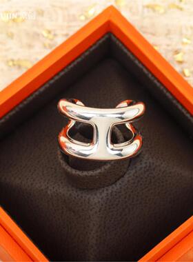 纯银H字母开口戒指 高级感素面光圈工字戒个性冷淡风男女情侣礼物