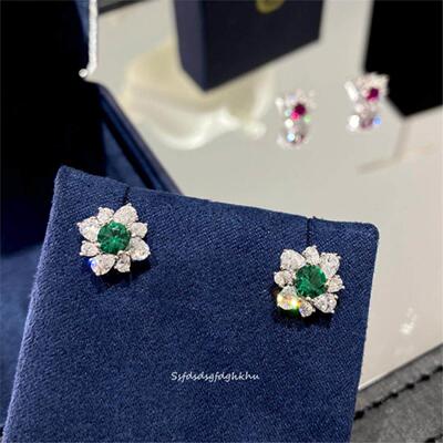 【森屿玫瑰】轻奢纯银925耳钉祖母绿尖晶石鸽血红宝石耳环潮18k金