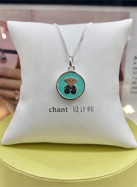 西班牙小熊圆牌项链 女纯银925珐琅蓝色粉色可爱圆形锁骨链礼物潮