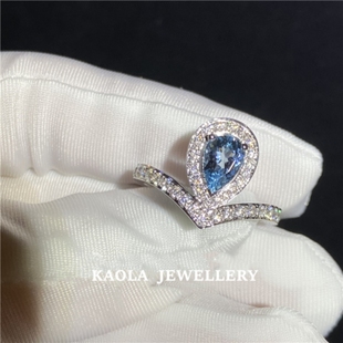 CHAMUNT 约瑟芬水滴海蓝宝戒指 女铂金纯银925蓝宝石指环心形钻石