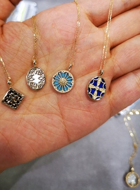 日本10K金土耳其绿松石项链 女纯银复古风蓝色青金石锁骨链圆牌潮