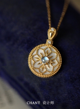 复古雕花18K金白贝雪花项链 女宫廷黄金月光石锁骨链纯银钻石圣诞