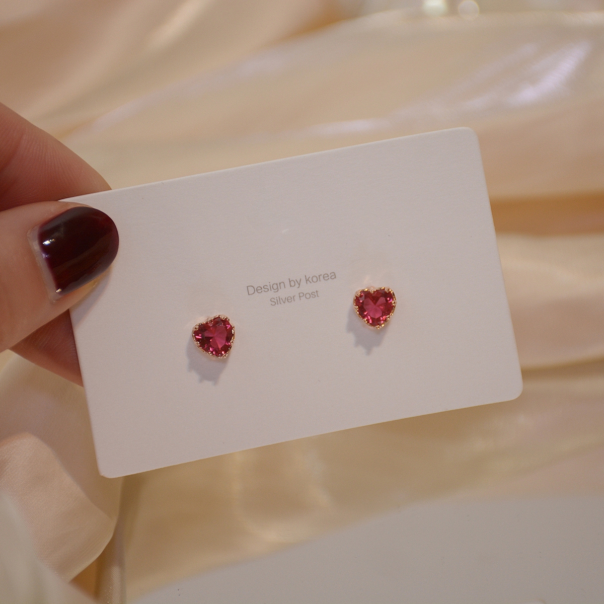 韩国Lloyd爱心耳钉女10K金玫瑰金纯银粉宝石心形耳环耳饰小红心潮