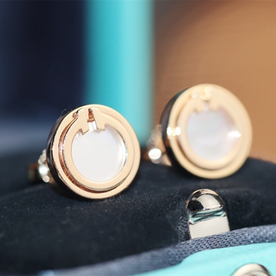 Т系-圆形耳钉纯银镀18K金玫瑰金圆环白贝母耳环情侣男女款简约潮
