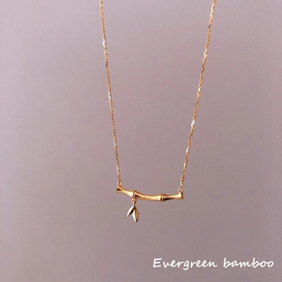 22K黄金竹节项链 女长青竹纯银笑脸锁骨链小众设计简约七夕礼物潮