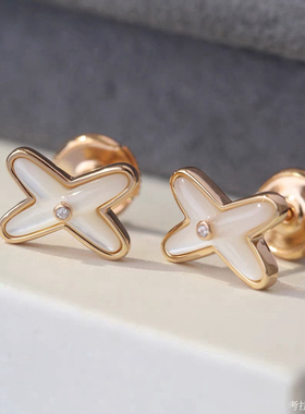 Liens缘系一生交叉白贝母耳钉女玫瑰金字母X型耳环耳饰纯银钻石潮