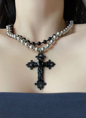 串珠哥特朋克多层夸张项链女choker叠戴复古黑色吊坠十字架卫衣链