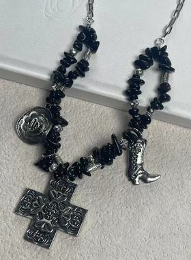 甜酷靴子帽子十字架串珠拼接项链法式欧美朋克风个性夸张锁骨链女