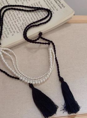 时尚黑色麻花编织绳流苏多层珍珠项链轻奢时髦洋气小众锁骨链爆款