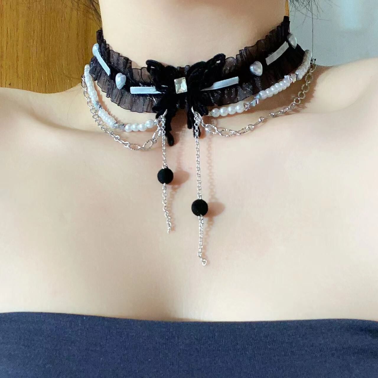 甜酷辣妹黑色蝴蝶流苏项链女chocker小众个性高级网纱珍珠锁骨链