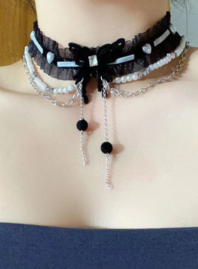 甜酷辣妹黑色蝴蝶流苏项链女chocker小众个性高级网纱珍珠锁骨链