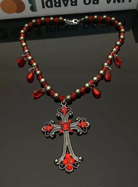 甜酷辣妹串珠红色水滴流苏十字架项链欧美时尚轻奢高级颈链锁骨链