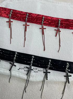 性感十字架流苏水晶串珠布艺项链法式轻奢欧美时尚高级锁骨链新款