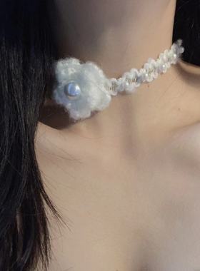 超仙甜美珍珠毛绒针织花朵项链森系清新田园风优雅ins风锁骨链女
