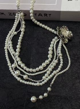 欧美潮流金属花朵多层珍珠流苏项链甜美淑女优雅独特小众锁骨链女