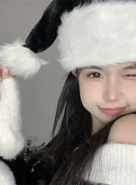 圣诞装饰圣诞礼物黑色圣诞帽长毛绒大球加长装扮帽子头饰网红拍照