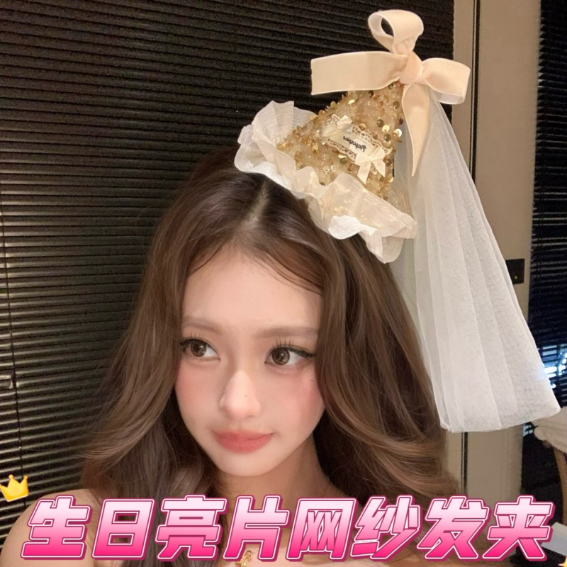 生日金色亮片网纱发夹
