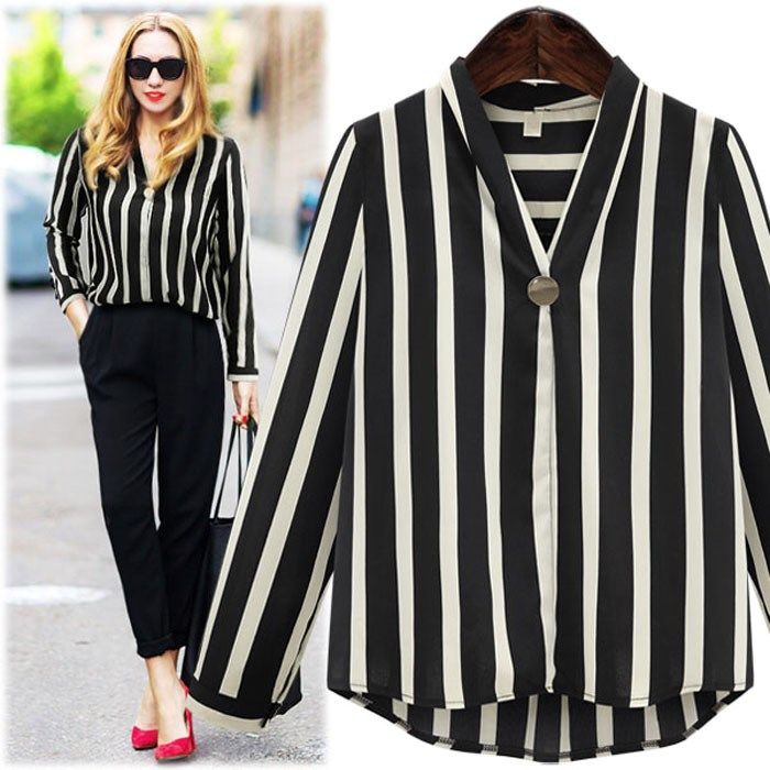 2019烏77 韓國春款隨意簡約寬松百搭翻領排扣豎條紋長袖襯衫上衣在類目 女裝/女士精品, 襯衫中 - 來自Buy2taobao.com提供專業的淘寶代購服務