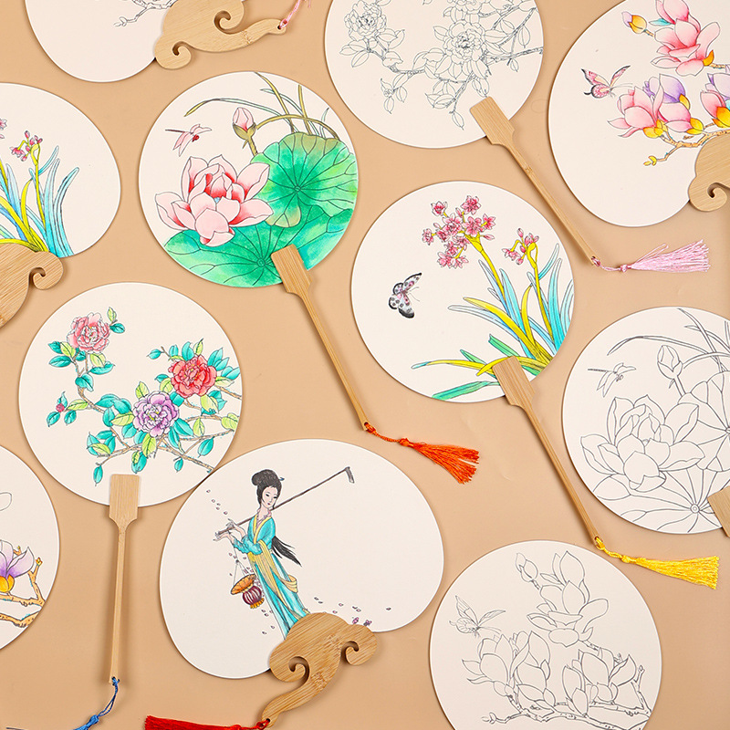 线稿宣纸团扇临摹填色diy材料包儿童手工白描绘画扇子空白手绘扇