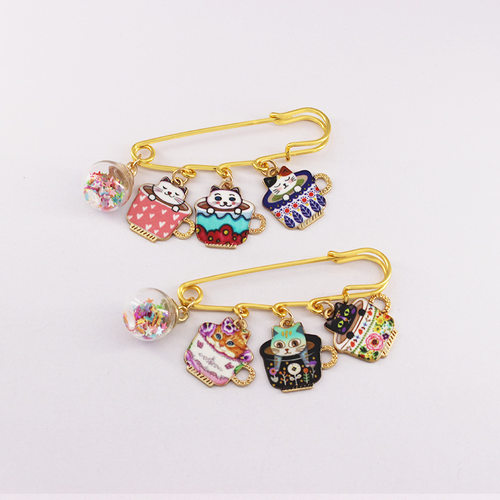 可爱印花茶杯小猫咪胸针