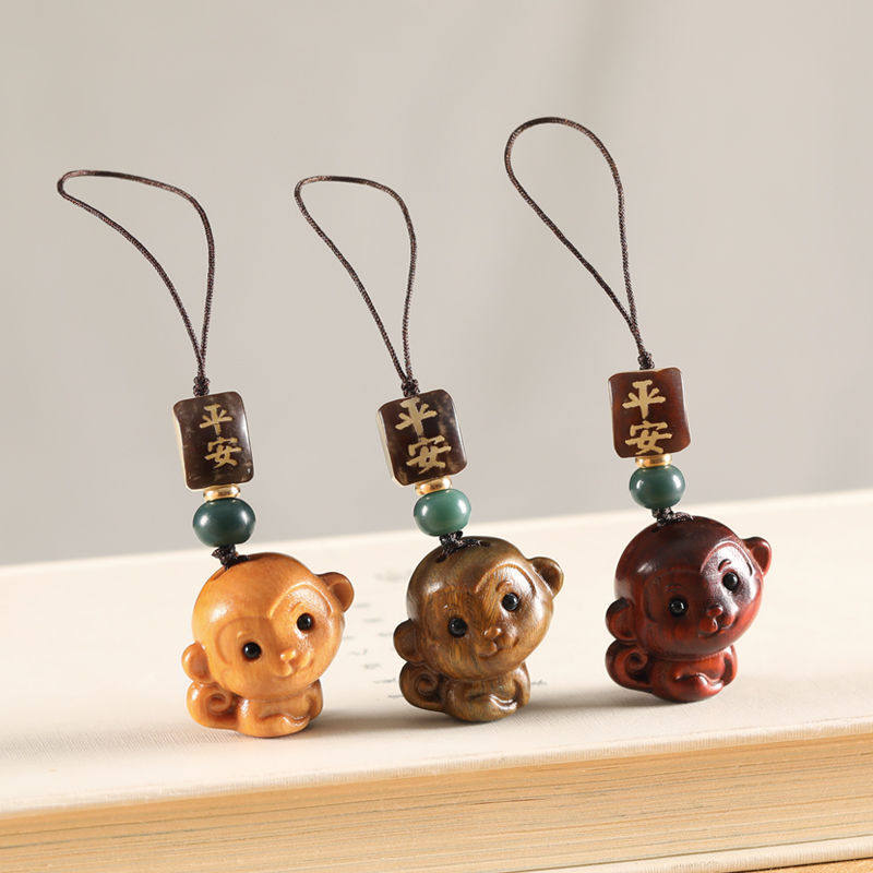 檀木十二生肖小猴子男汽车钥匙扣挂件可爱手机链挂饰品女