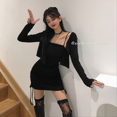 New sweet SA button cardigan + two piece dress with hollow strap